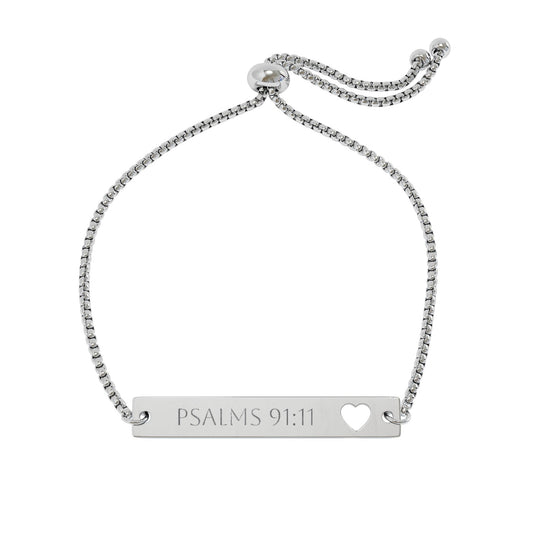 Psalm 91:11 Angel Protection Engraved Heart Bar Bracelet – Adjustable Stainless Steel