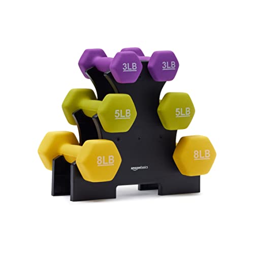 Amazon Basics Neoprene Dumbbell Hand Weights, Rack with 3 Pairs (3, 5, and 8 pound), Purple/Green/Yellow