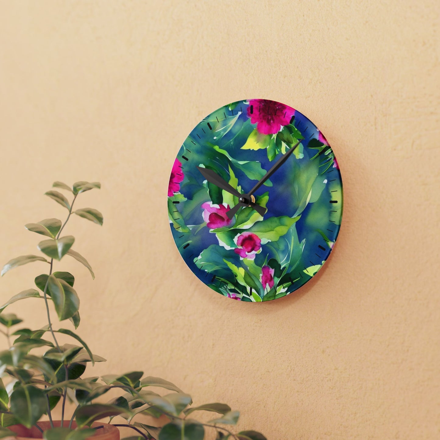 Floral Acrylic Wall Clock – Elegant Decorative Timepiece