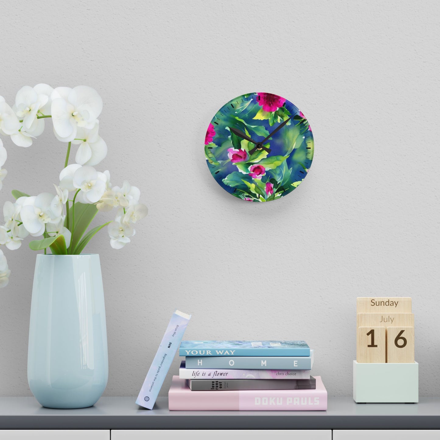 Floral Acrylic Wall Clock – Elegant Decorative Timepiece