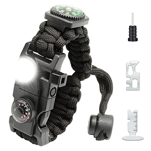 NVioAsport 20 in 1 Paracord Bracelet, Adjustable Gear Kit with SOS LED Light, Fire Starter, Bigger Compass, Survival Whistle, Perfect for Camping, Hiking, Fishing, Survival Bracelet