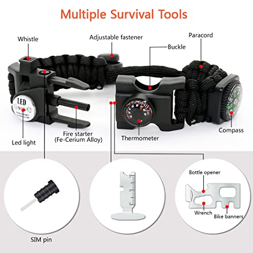 NVioAsport 20 in 1 Paracord Bracelet, Adjustable Gear Kit with SOS LED Light, Fire Starter, Bigger Compass, Survival Whistle, Perfect for Camping, Hiking, Fishing, Survival Bracelet