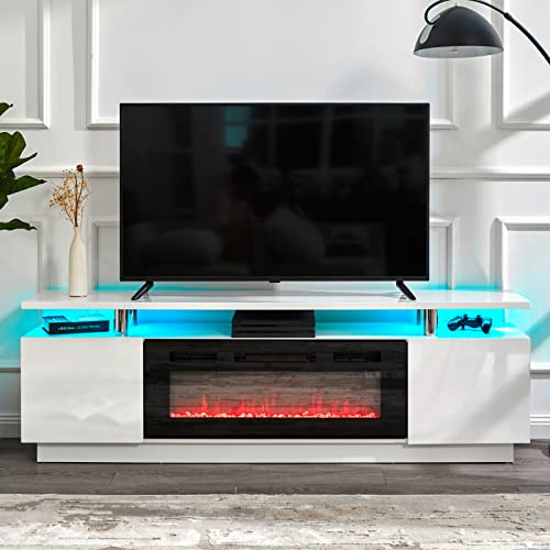 AMERLIFE Fireplace TV Stand with 36" Fireplace, 70" Modern High Gloss Fireplace Entertainment Center LED Lights, 2 Tier TV Console Cabinet for TVs Up to 80", Ivory White