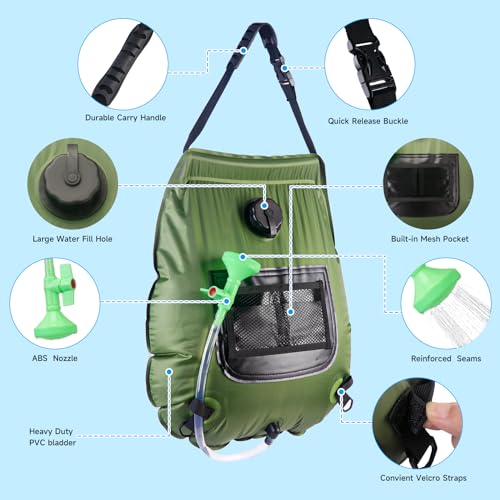 FENSAN Solar Portable Shower Bag, 5 Gal/20L Solar Heating Outdoor Camping Shower Bag with On-Off Switchable Shower Head&Removable Hose Suitable for Camping, Hiking, Travel, Beach Swimming