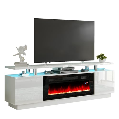 AMERLIFE Fireplace TV Stand with 36" Fireplace, 70" Modern High Gloss Fireplace Entertainment Center LED Lights, 2 Tier TV Console Cabinet for TVs Up to 80", Ivory White