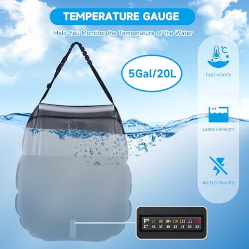 FENSAN Solar Portable Shower Bag, 5 Gal/20L Solar Heating Outdoor Camping Shower Bag with On-Off Switchable Shower Head&Removable Hose Suitable for Camping, Hiking, Travel, Beach Swimming