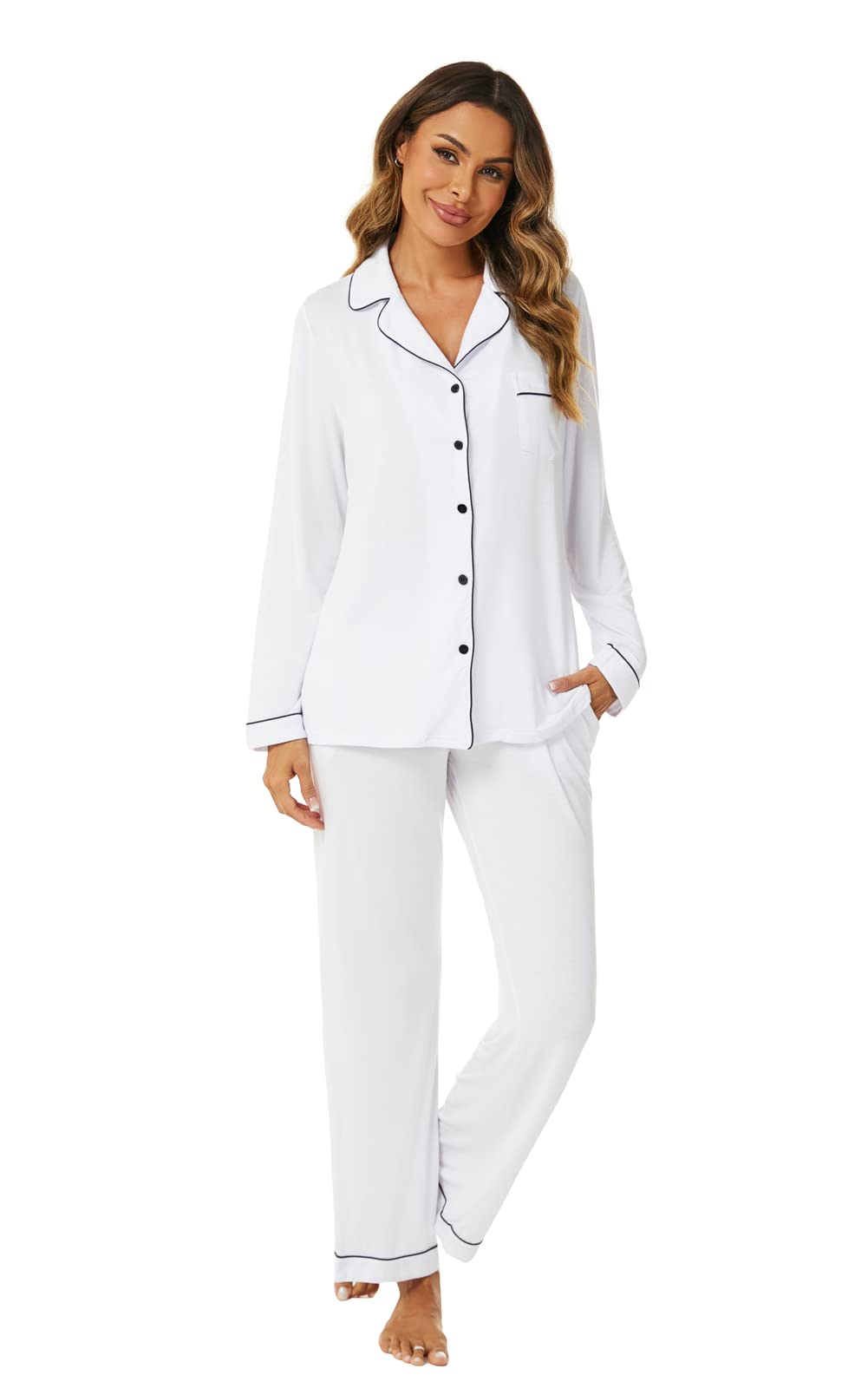 Aamikast Button Up Pajama Set for Women Soft Long Sleeve Pjs Sleepwear Sets (White XXL)