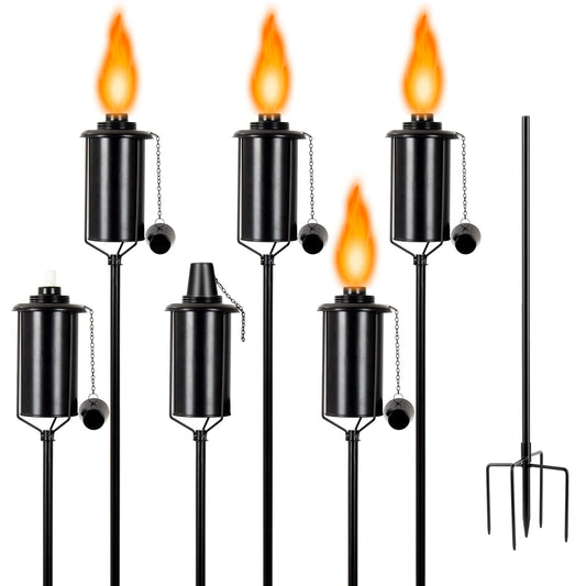 TaoTazon 6 Packs Metal Garden Torches for Outside, 16oz Outdoor Metal Torch, Citronella Torches Lighting with 4-Prong Grounded Stake for Garden Patio Pathway