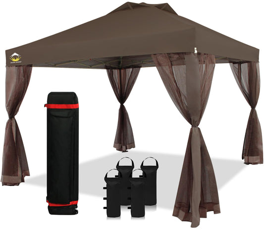 CROWN SHADES 10x10 Pop up Canopy Tent, Pop Up Gazebo with Netting, 4 Ropes, 8 Stakes, 4 Weight Bags, Wheeled Storage Bag, 10x10 Outdoor Canopy for Patio, Coffee