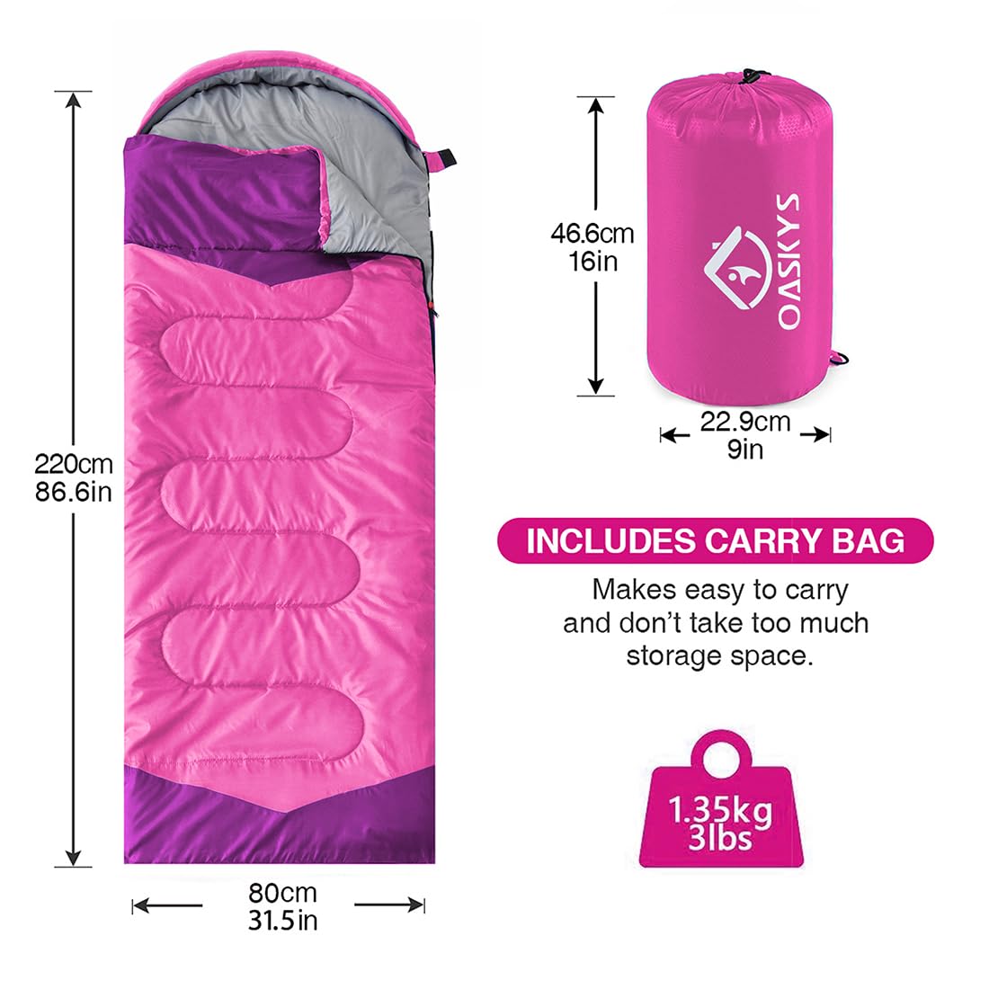 oaskys Camping Sleeping Bag - 3 Season Warm & Cool Weather - Summer Spring Fall Lightweight Waterproof for Adults Kids - Camping Gear Equipment, Traveling, and Outdoors