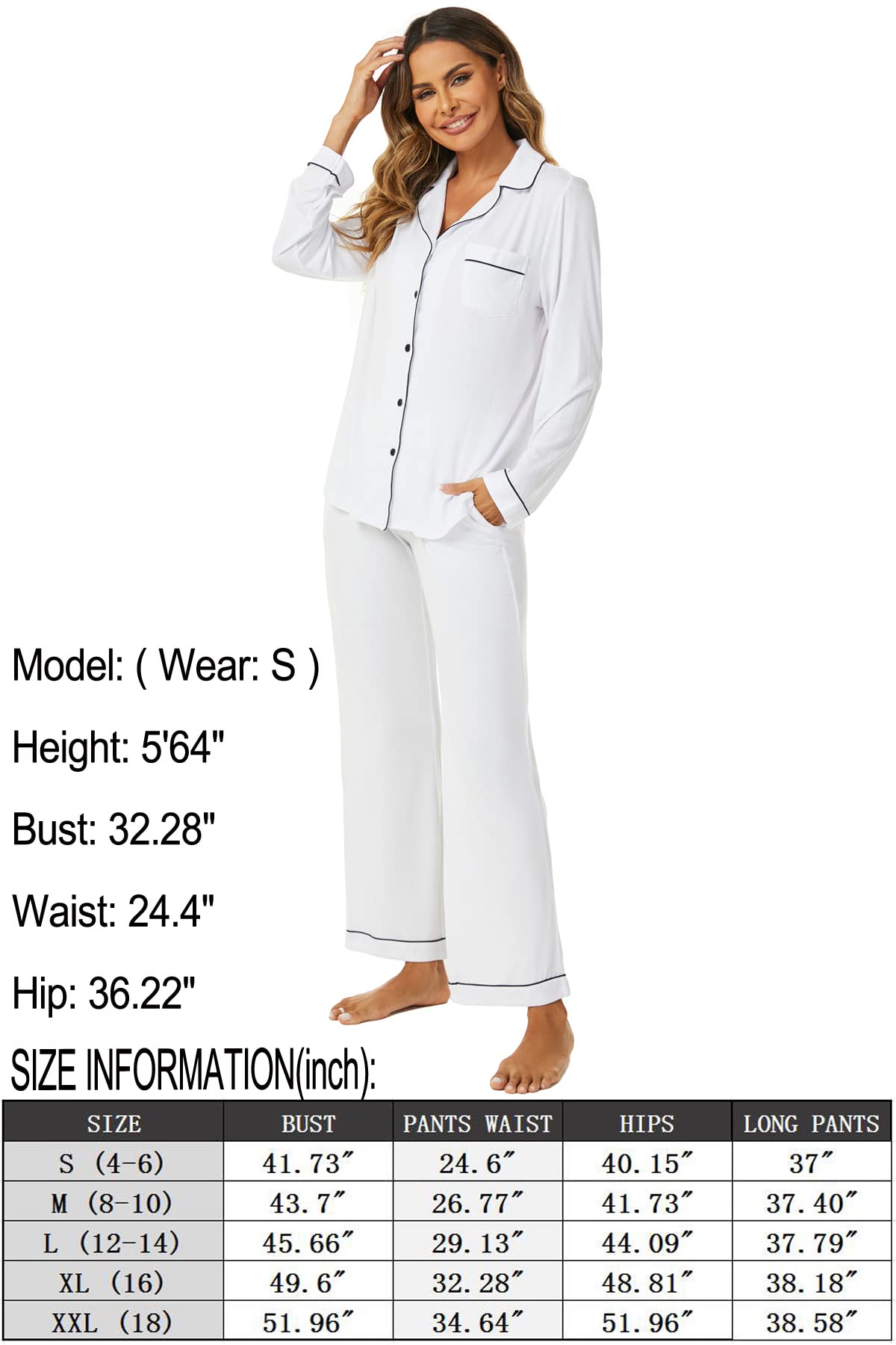 Aamikast Button Up Pajama Set for Women Soft Long Sleeve Pjs Sleepwear Sets (White XXL)