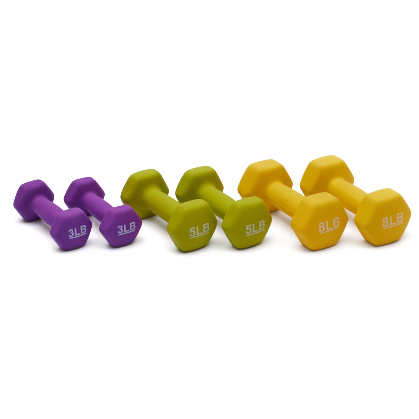 Amazon Basics Neoprene Dumbbell Hand Weights, Rack with 3 Pairs (3, 5, and 8 pound), Purple/Green/Yellow