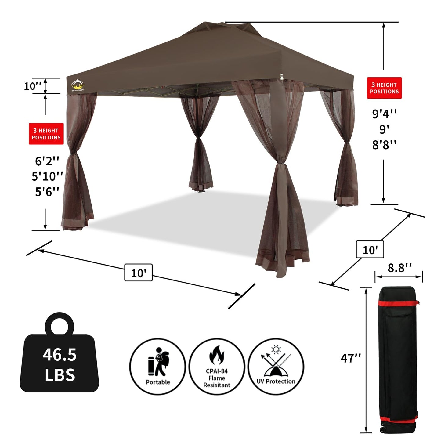 CROWN SHADES 10x10 Pop up Canopy Tent, Pop Up Gazebo with Netting, 4 Ropes, 8 Stakes, 4 Weight Bags, Wheeled Storage Bag, 10x10 Outdoor Canopy for Patio, Coffee