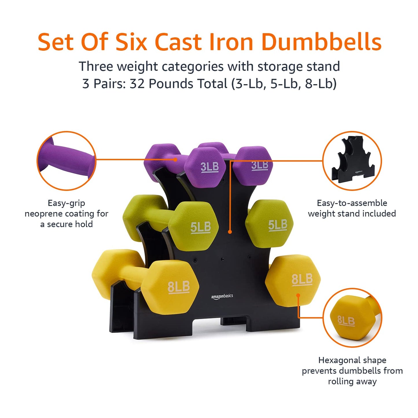 Amazon Basics Neoprene Dumbbell Hand Weights, Rack with 3 Pairs (3, 5, and 8 pound), Purple/Green/Yellow