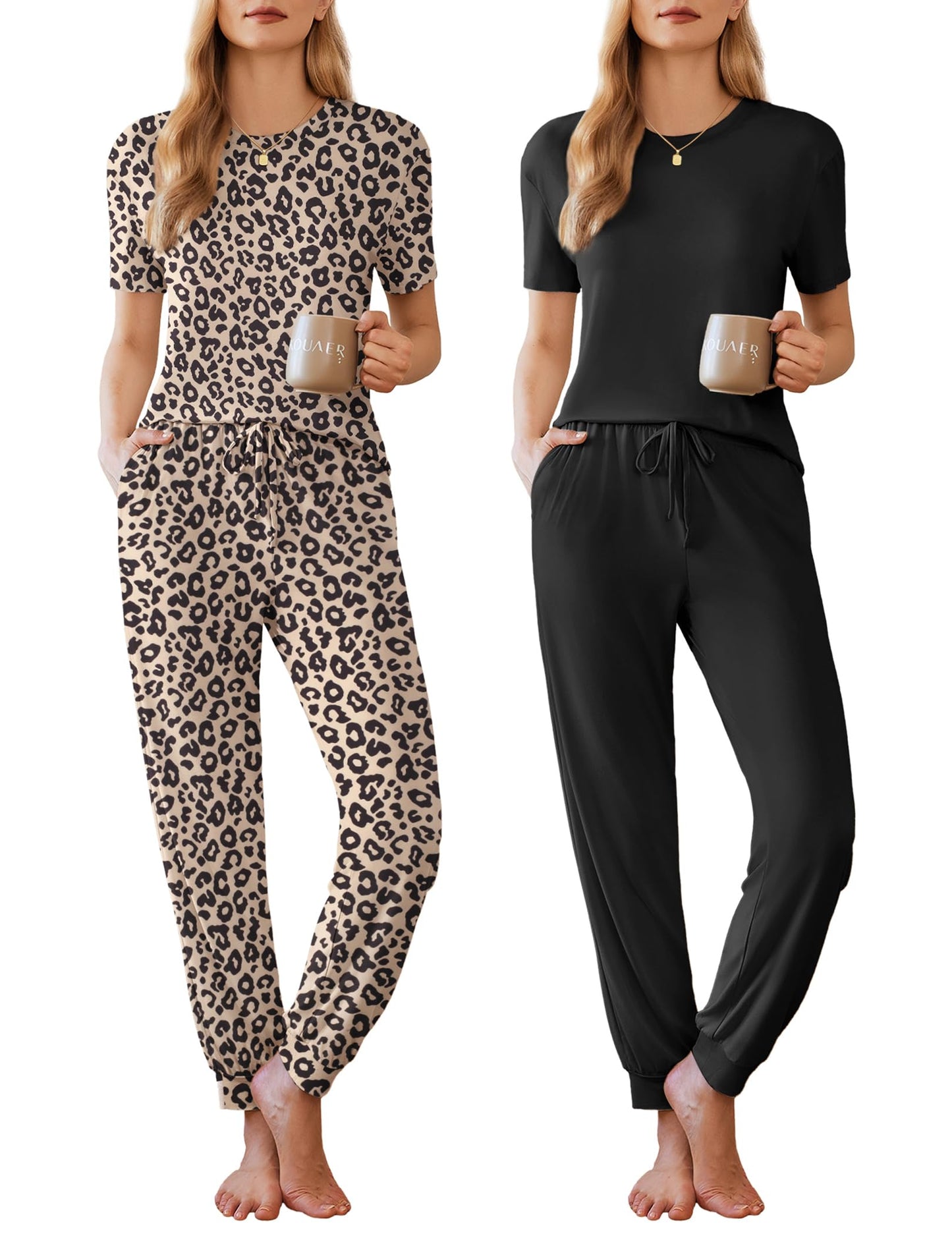 Ekouaer 2 Pack Womens Pajama Sets Short Sleeve Tops Jogger Pants Lounge Sets Soft Loungewear Printed Pj with Pockets