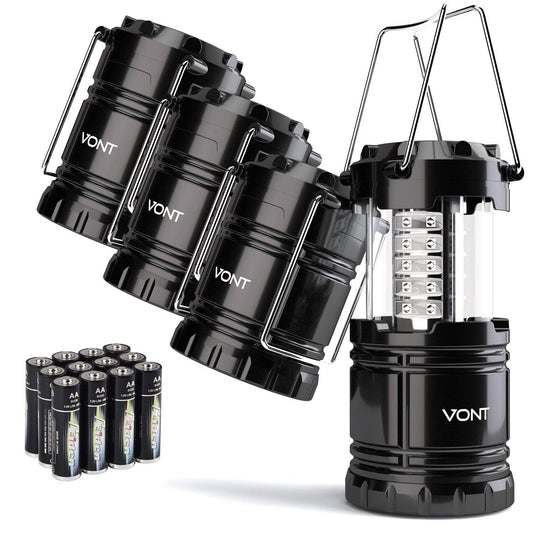 Vont 4 Pack LED Camping Lantern, LED Lanterns, Suitable Survival Kits for Hurricane, Emergency Light for Storm, Outages, Outdoor Portable Lanterns, Black, Collapsible, (Batteries Included)