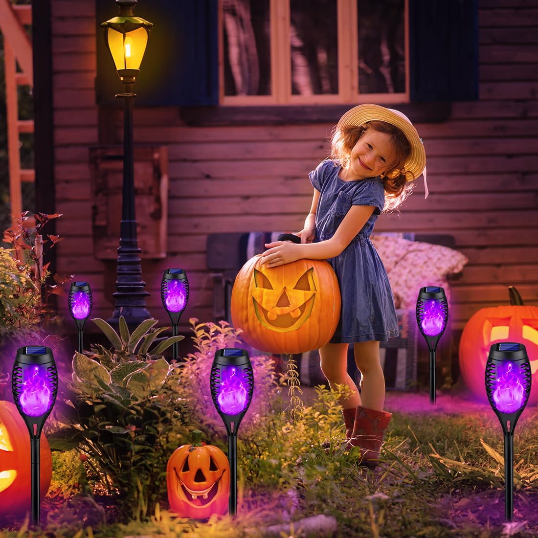 8Pack Halloween Decorations Outdoor, Halloween Solar Lights with Purple Flame for Halloween Decor, Waterproof Halloween Lights Outdoor, Solar Pathway Lights for Lawn Outside Halloween Yard Decorations