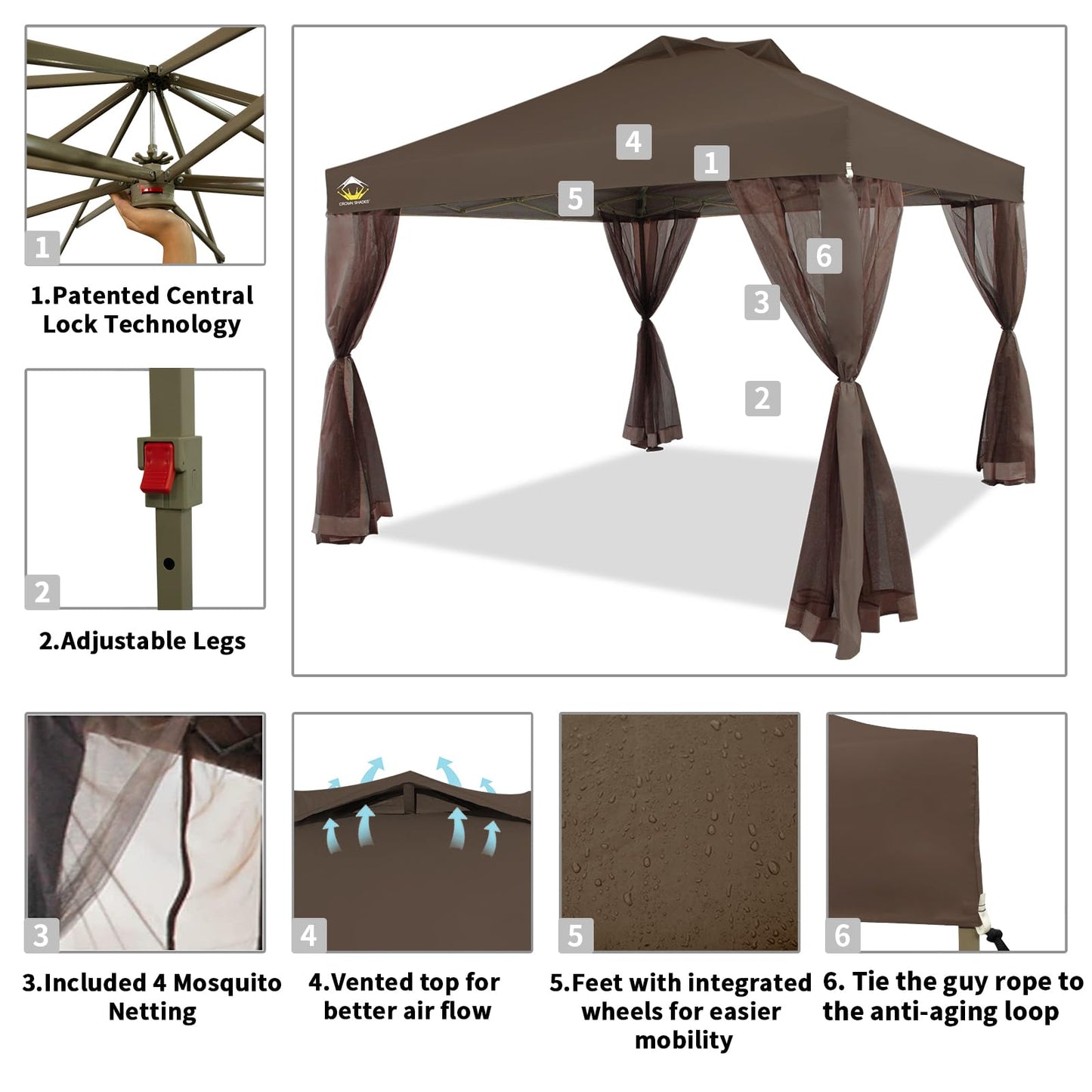 CROWN SHADES 10x10 Pop up Canopy Tent, Pop Up Gazebo with Netting, 4 Ropes, 8 Stakes, 4 Weight Bags, Wheeled Storage Bag, 10x10 Outdoor Canopy for Patio, Coffee