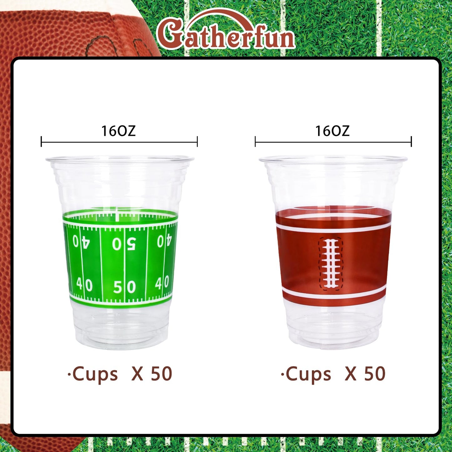 Gatherfun 100 Pcs 16oz Football Plastic Cups - Football Parties and Tailgate Events, Disposable & Convenient - Ideal Party Supplies & Party Favors for Football Themed Birthdays