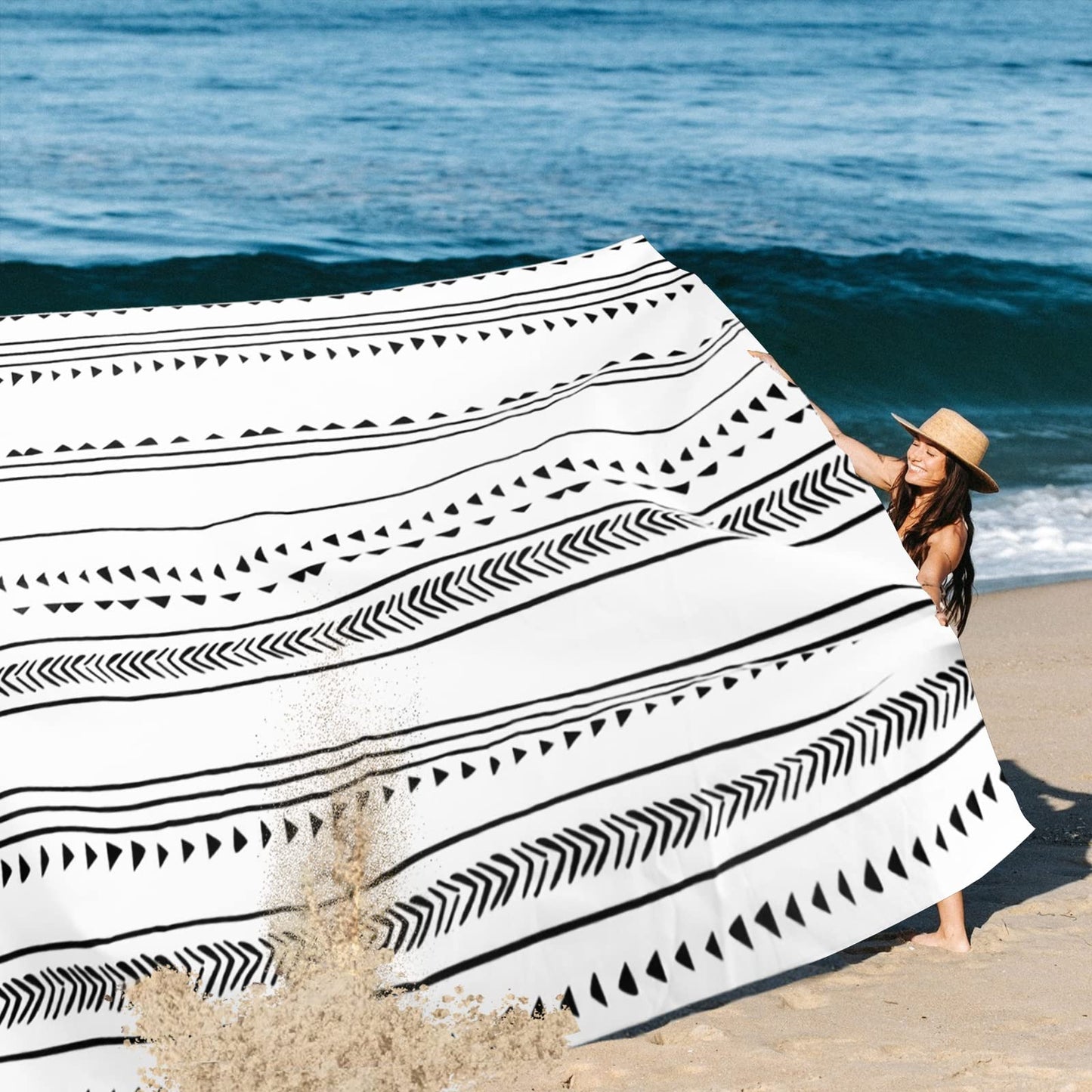 110''×118'' Extra Large Waterproof Sandproof Beach Blanket for 8 Adults, Outdoor Beach Mat with 4 Stakes & 4 Corner Pockets, Polyester Lightweight Foldable Picnic Mat for Travel, Camping, Hiking