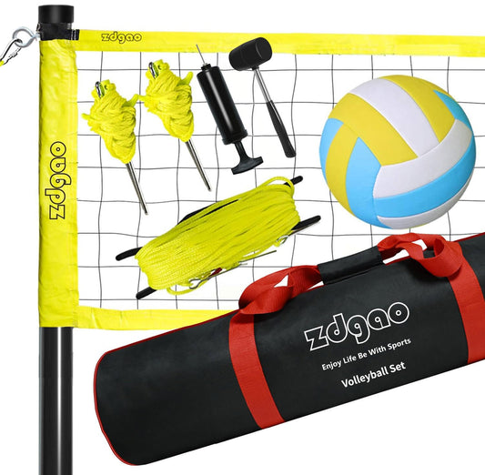 Outdoor Portable Volleyball Net System - Adjustable Height Poles with Soft Volleyball Ball, Pump, Hammer, Boundary Line, and Carry Bag for Backyard, Beach, Lawn