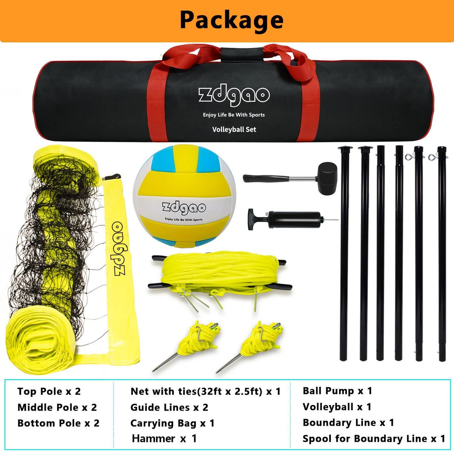 Outdoor Portable Volleyball Net System - Adjustable Height Poles with Soft Volleyball Ball, Pump, Hammer, Boundary Line, and Carry Bag for Backyard, Beach, Lawn