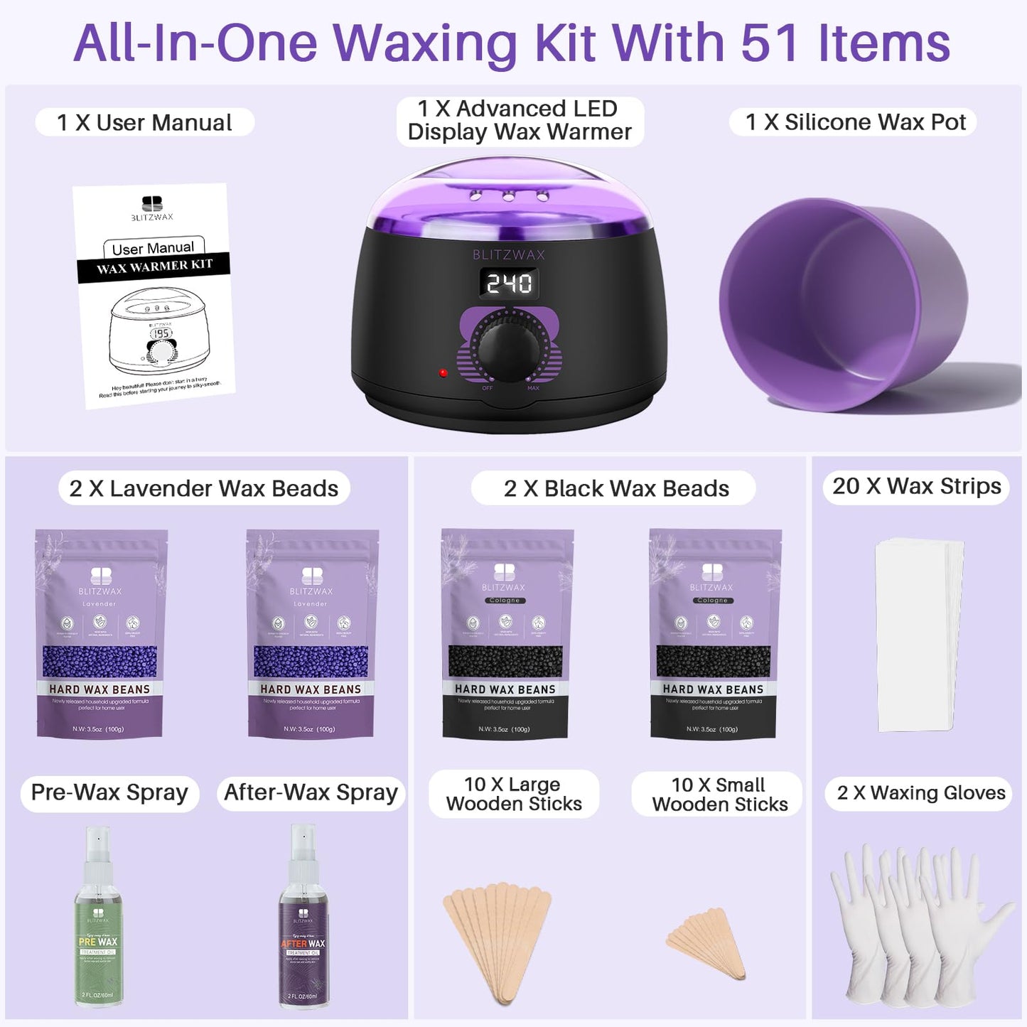 BLITZWAX Waxing Kit for Women Men Digital Wax Kit Suitable for Sensitive Skin/Brazilian/Full Body/Bikini/Hair Removal Hard Wax Kit with 51 Wax Items for Home, Salon and Beginners