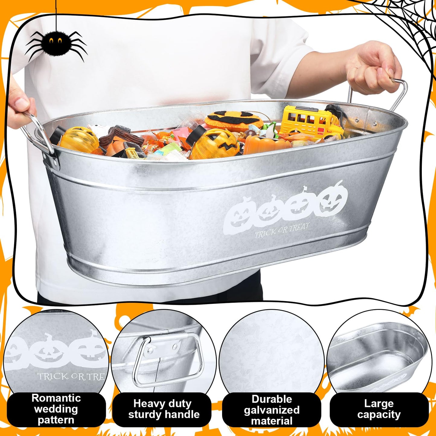 2 Pcs Halloween Pumpkin Galvanized Buckets with Handles,5.5 Gallons Large Halloween Candy Bowl,Metal Galvanized Tubs for Drink,Ice Buckets for Halloween Party Favors Bar Event Supplies(Trick or Treat)