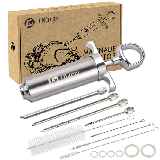 Ofargo 304-Stainless Steel Meat Injector Syringe Kit with 4 Marinade Needles for BBQ Grill Smoker, 2-oz Large Capacity, Both Paper User Manual and E-Book Recipe