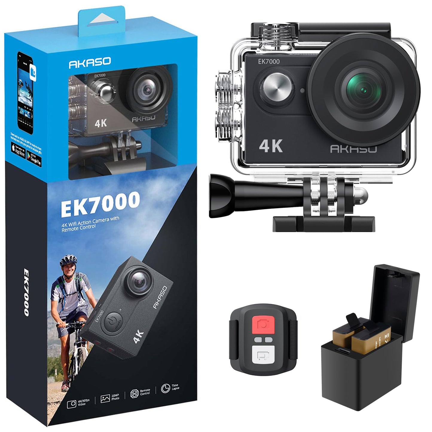 AKASO EK7000 4K30FPS 20MP WiFi Action Camera with EIS Ultra HD Underwater Camera 131FT Waterproof Camera Remote Control 4X Zoom in Photo Mode Support External Microphone Black