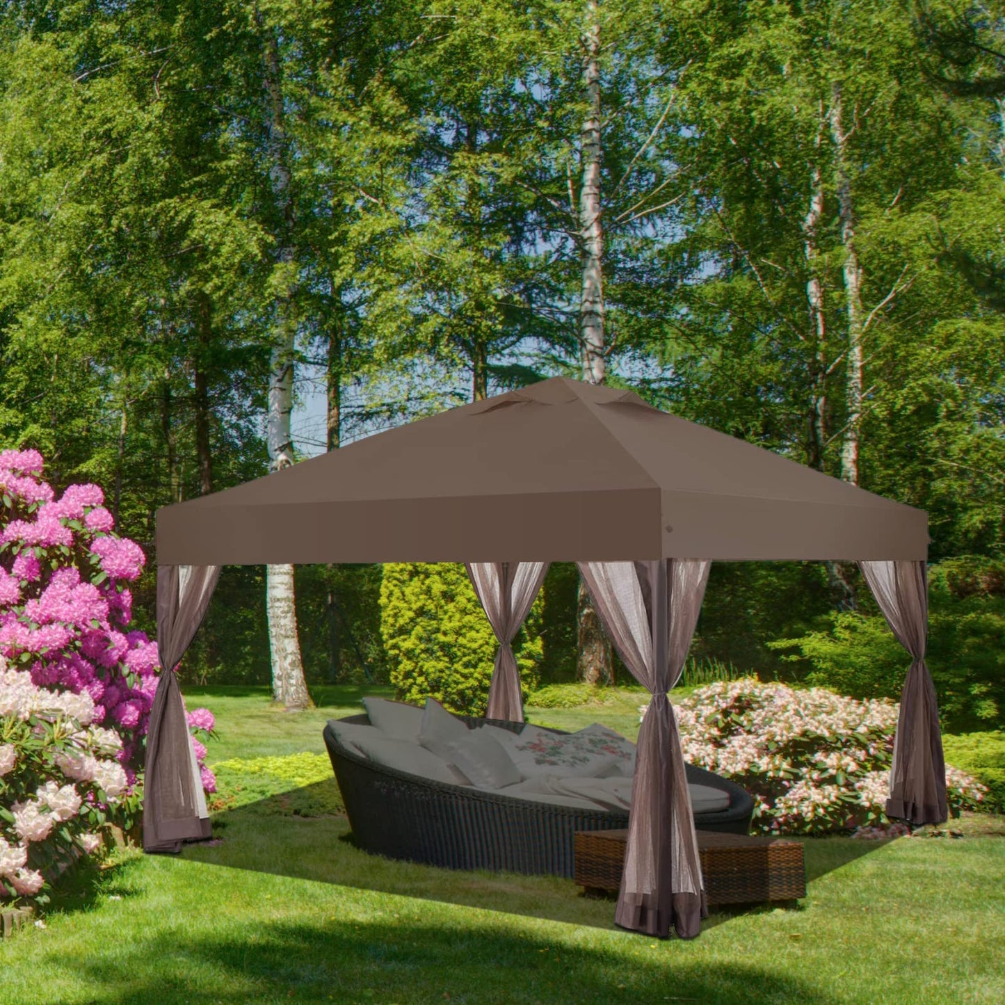 CROWN SHADES 10x10 Pop up Canopy Tent, Pop Up Gazebo with Netting, 4 Ropes, 8 Stakes, 4 Weight Bags, Wheeled Storage Bag, 10x10 Outdoor Canopy for Patio, Coffee