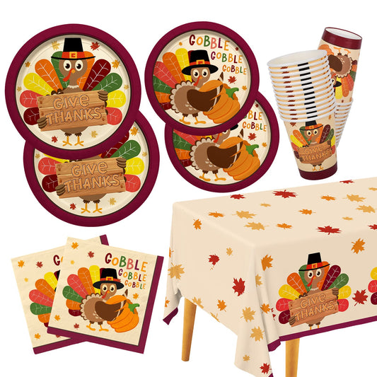 Turkey Thanksgiving Party Supplies Kit, Autumn Disposable Dinnerware Includes, Paper Dinner Plates, Dessert Plates, Napkins, Cups, and Tablecloth, for Fall party Decorations, Serve 25