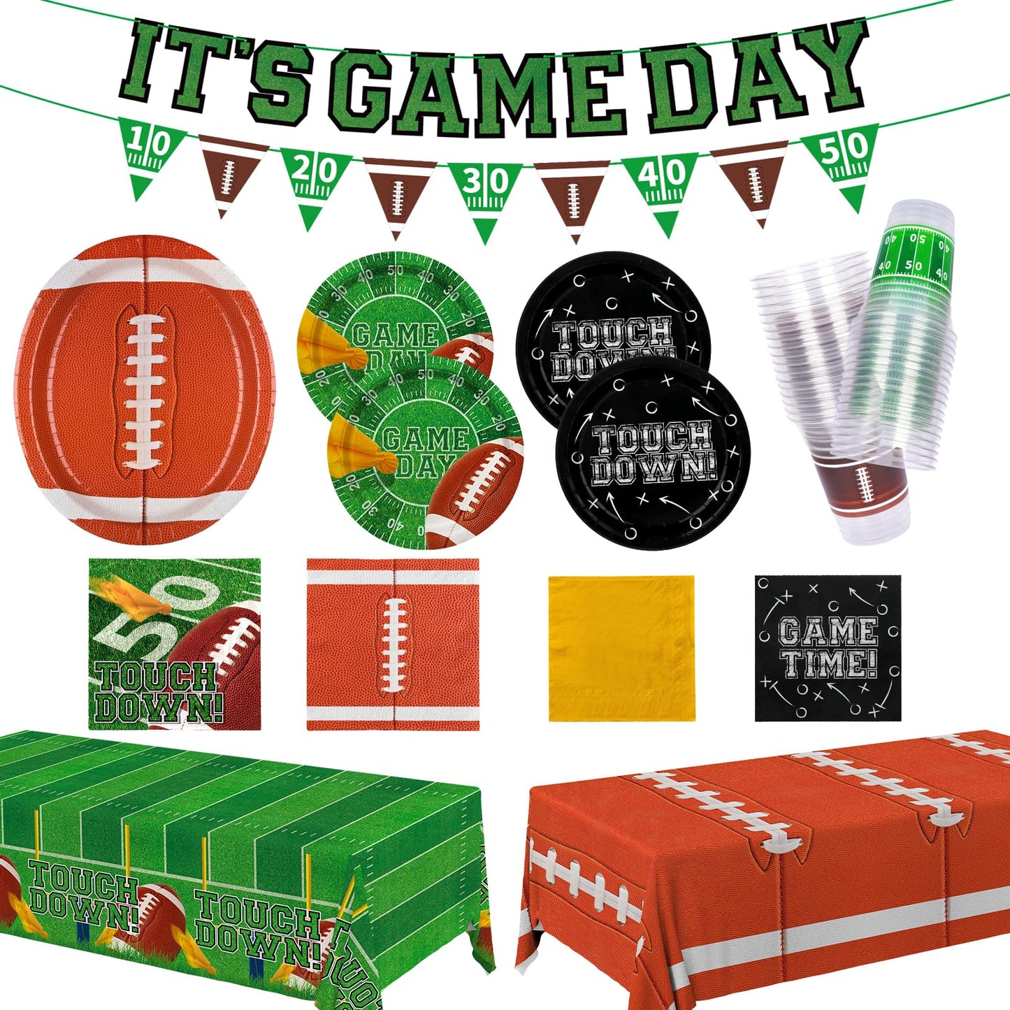 Football Party Supplies Kit for 24 Guests - Includes Large 12.5in Plates, Dessert Plates, Napkins, Cups, Banner and Touchdown Tablecloth - for Football Birthday and Tailgate Party Decorations