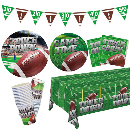 Football Party Supplies Kit Serve 25, Includes Disposable Dinner Plates, Dessert Plates, Napkins, Cups,and Football Tablecloth, Football Birthday Party Tailgate Party Decorations