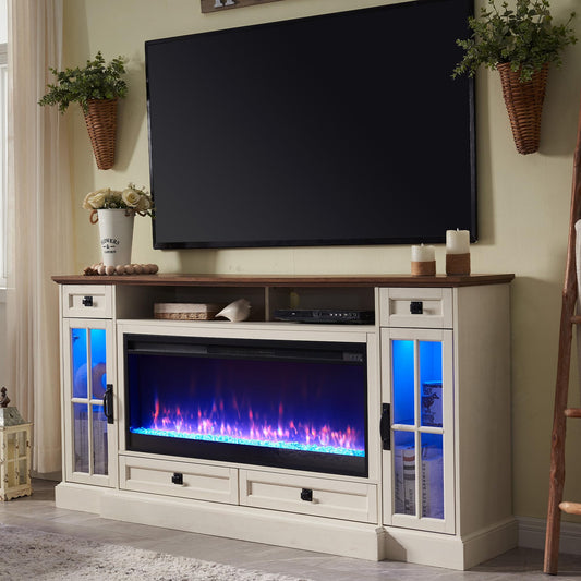 OKD Fireplace TV Stand for 80 Inch TV, Farmhouse Entertainment Center with 42" Fireplace & LED Lights, Modern Media Console Table with Storage Drawers & Cabinets for Living Room, Antique White