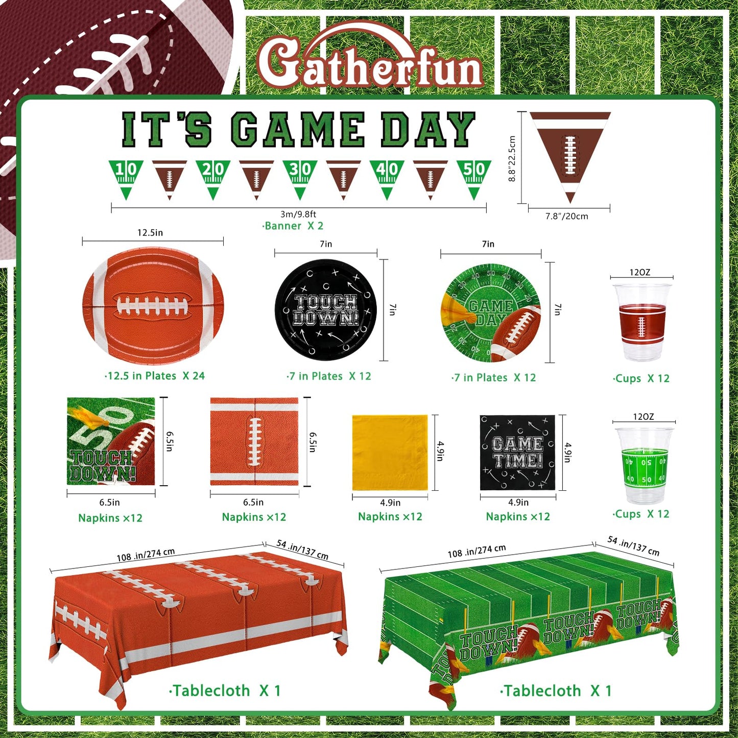 Football Party Supplies Kit for 24 Guests - Includes Large 12.5in Plates, Dessert Plates, Napkins, Cups, Banner and Touchdown Tablecloth - for Football Birthday and Tailgate Party Decorations