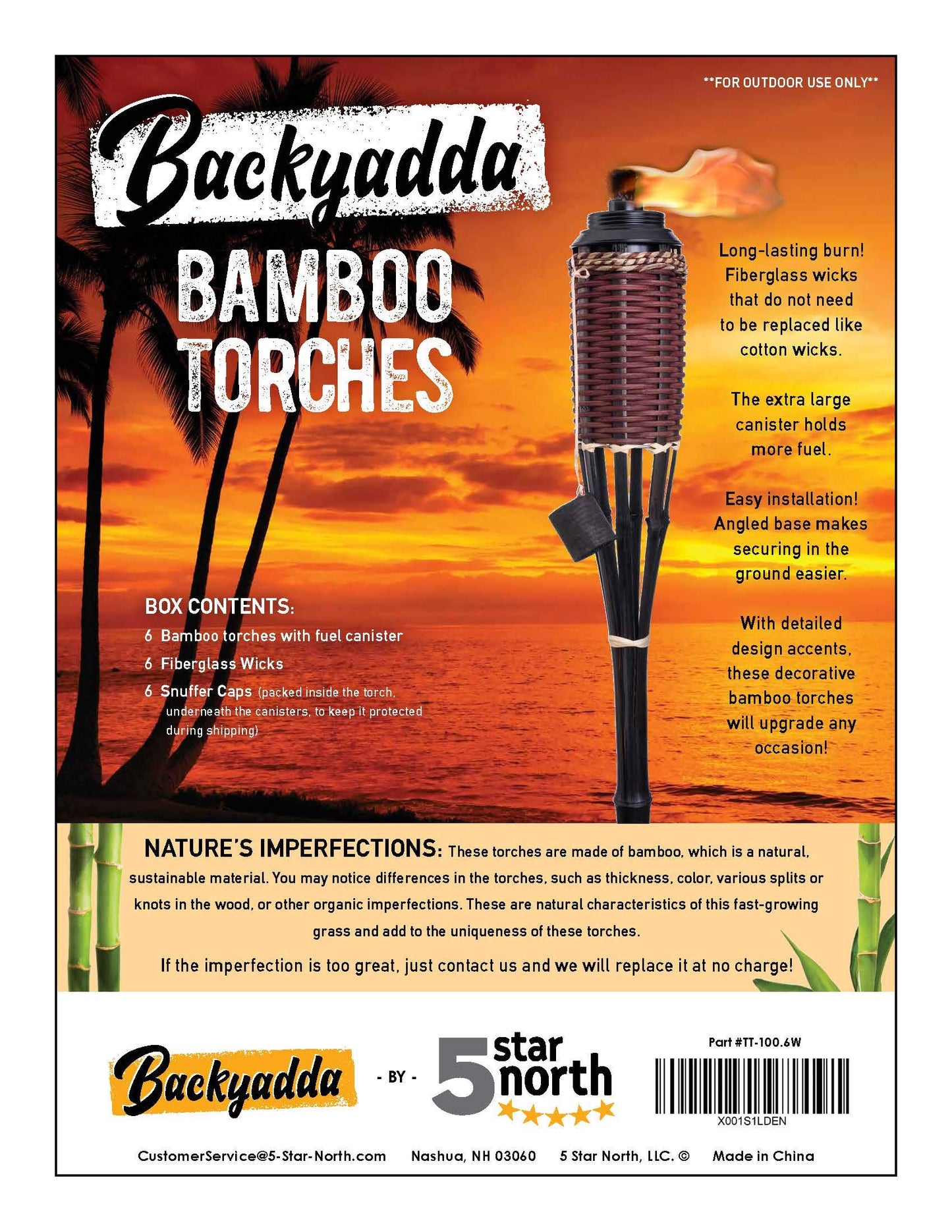 Backyadda Bamboo Torches for Outside, Compatible with All Tiki Torches Fuels, Extra-Large (16oz) Metal Canisters and Fiberglass Wicks for Longer Lasting Burn. Stands 57" Tall.