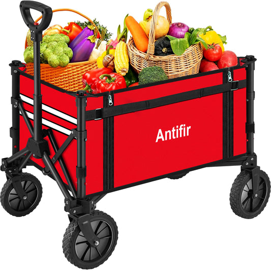 Antifir Collapsible Wagon with Large Capacity, Utility Wagons Carts Heavy Duty Foldable, Portable Folding Wagon with All-Terrain Wheels for Grocery Gardening Sports Shopping Fishing（Red）