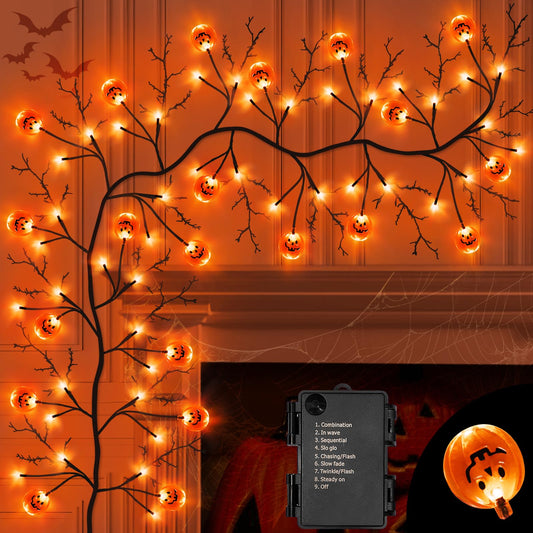 Jo.Devivre 7 Ft 63 LED Halloween Willow Vine Twig Garland with 8 Modes & Timer 21 Pumpkin Orange Lights,Halloween Garland with Waterproof Battery Operated for Indoor Wall Fireplace Decorations