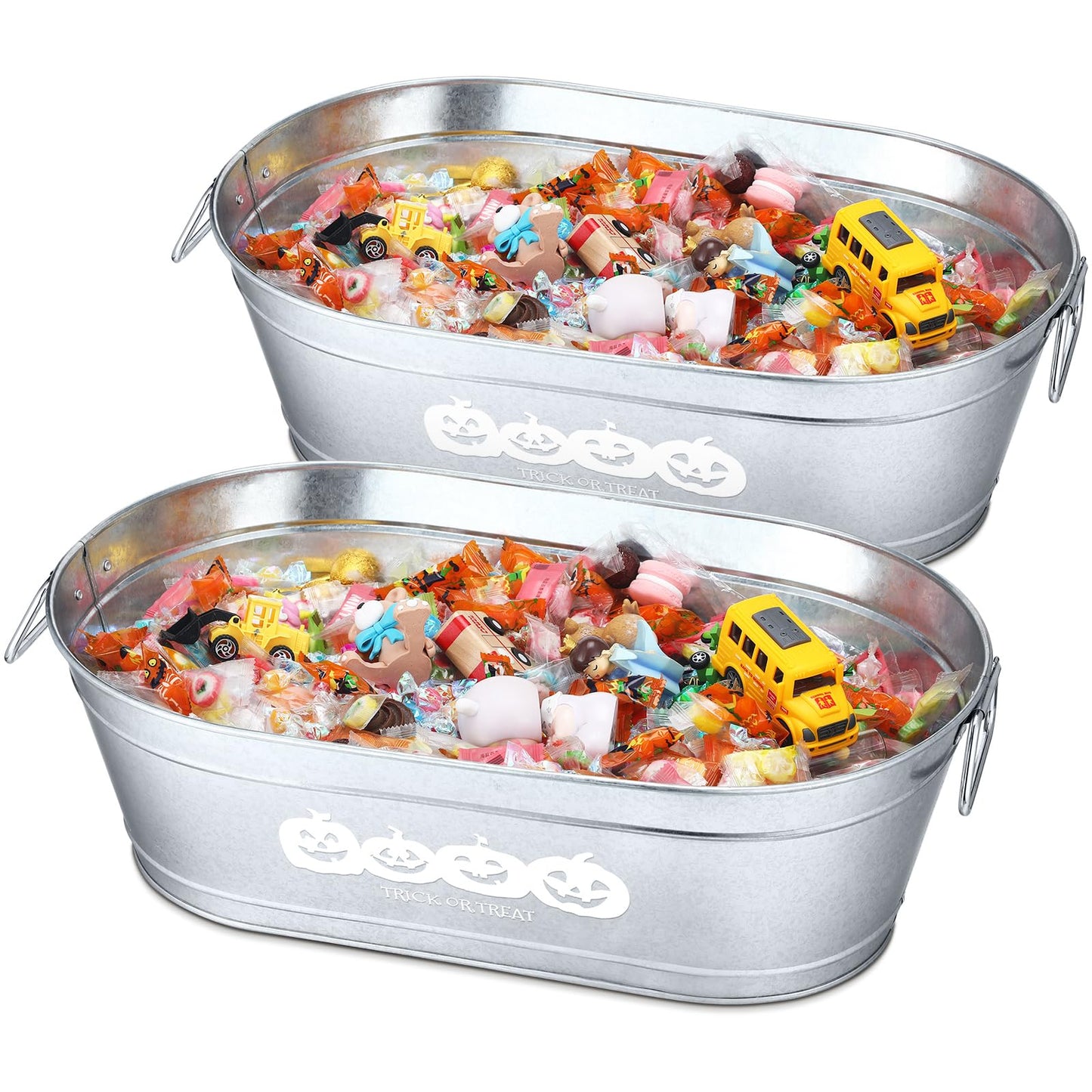 2 Pcs Halloween Pumpkin Galvanized Buckets with Handles,5.5 Gallons Large Halloween Candy Bowl,Metal Galvanized Tubs for Drink,Ice Buckets for Halloween Party Favors Bar Event Supplies(Trick or Treat)