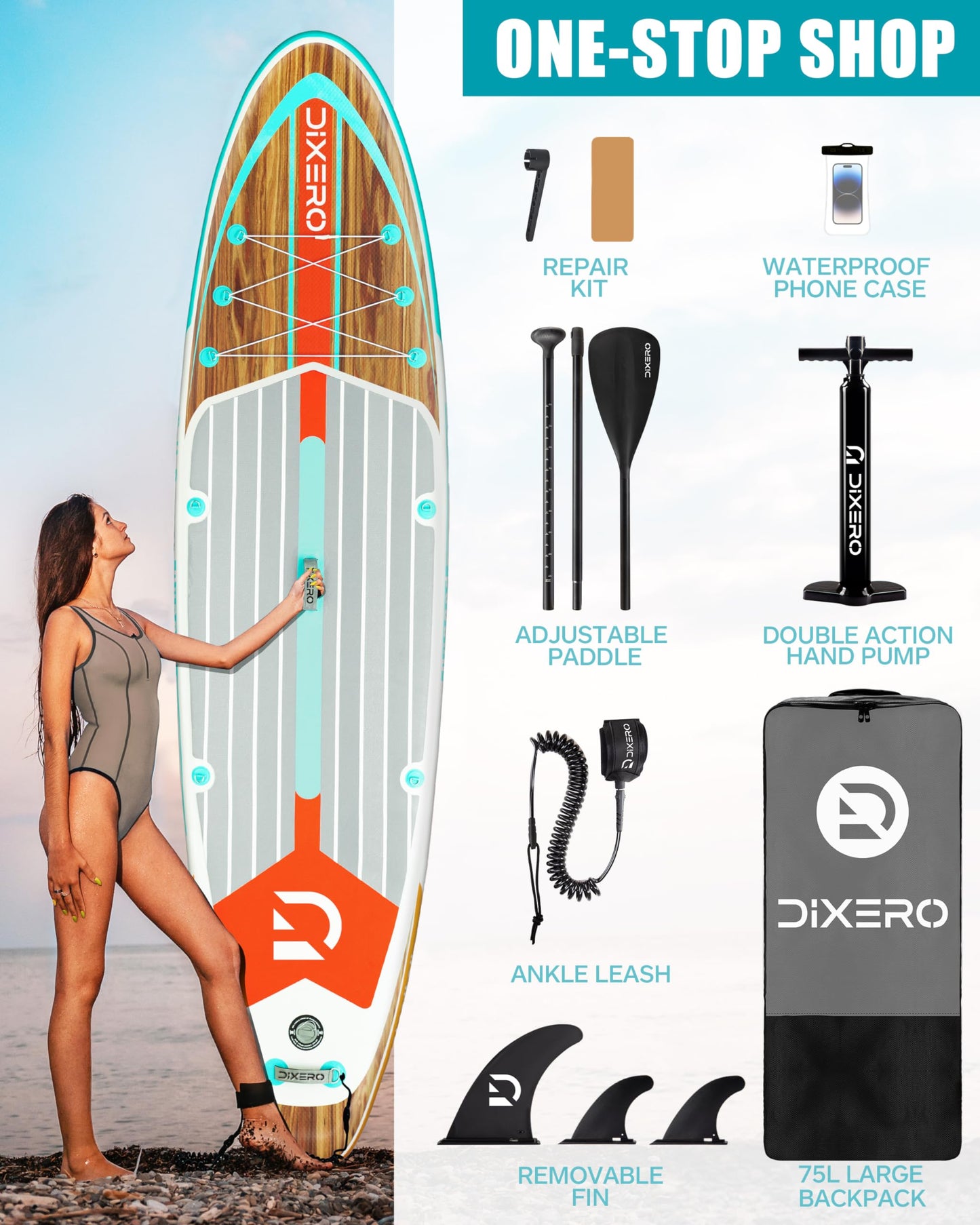 Dixero Inflatable Stand Up Paddle Board 11'*33", Extra Wide Paddle Boards for Adults, SUP with Premium Accessories, Adjustable Paddle, Hand Pump, Bottom Fin, Leash Waterproof Phone Bag