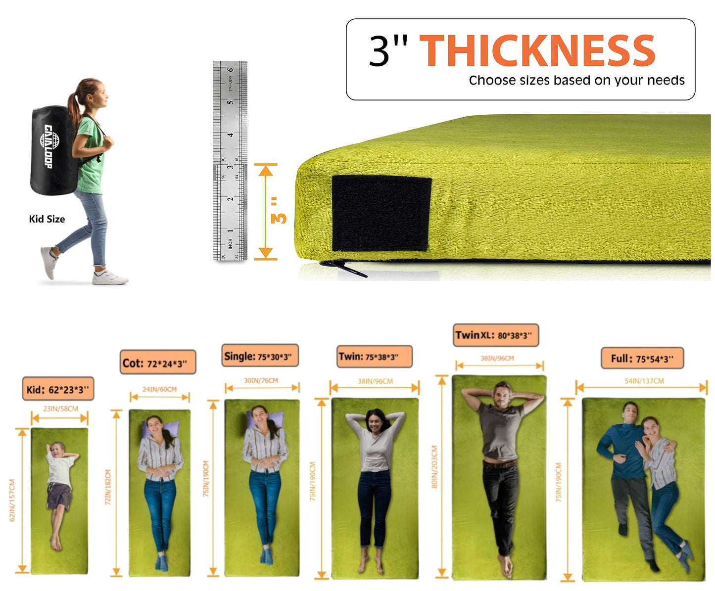 Gaialoop Thick Memory Foam Camping Mattress Sleeping Pad [Car/Tent/Cot] 3 Inch Portable Floor Play Mat Roll Up Mattress for Guests Kids Adults Sleepover Travel [Cot: 72 * 24 * 3" 2023 Upgraded]