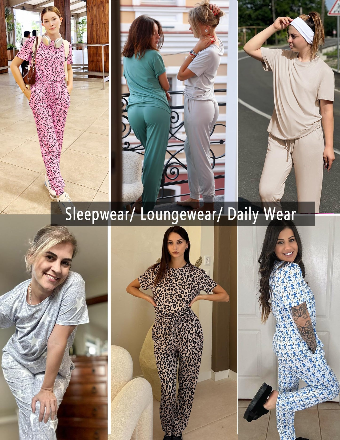 Ekouaer 2 Pack Womens Pajama Sets Short Sleeve Tops Jogger Pants Lounge Sets Soft Loungewear Printed Pj with Pockets