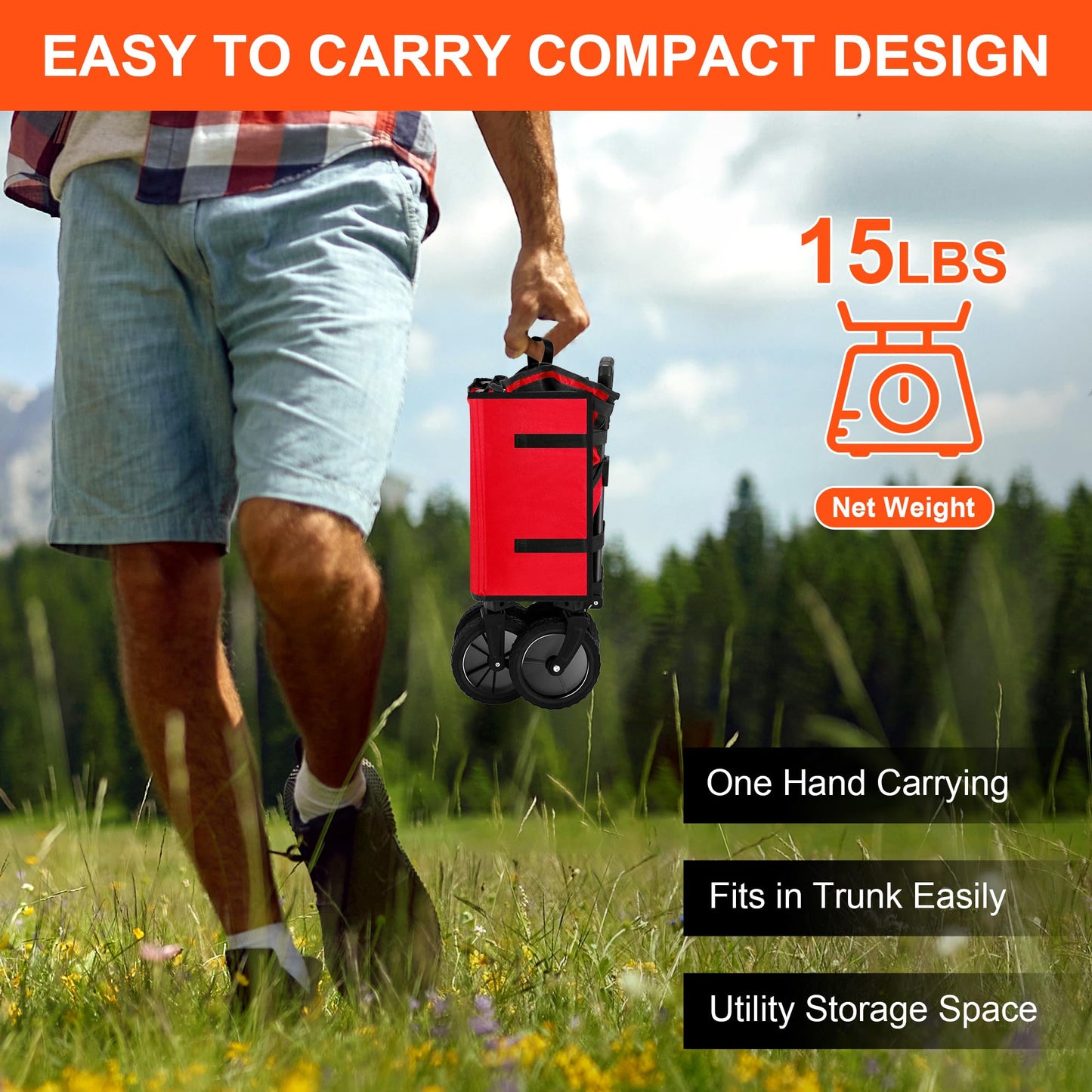 Antifir Collapsible Wagon with Large Capacity, Utility Wagons Carts Heavy Duty Foldable, Portable Folding Wagon with All-Terrain Wheels for Grocery Gardening Sports Shopping Fishing（Red）