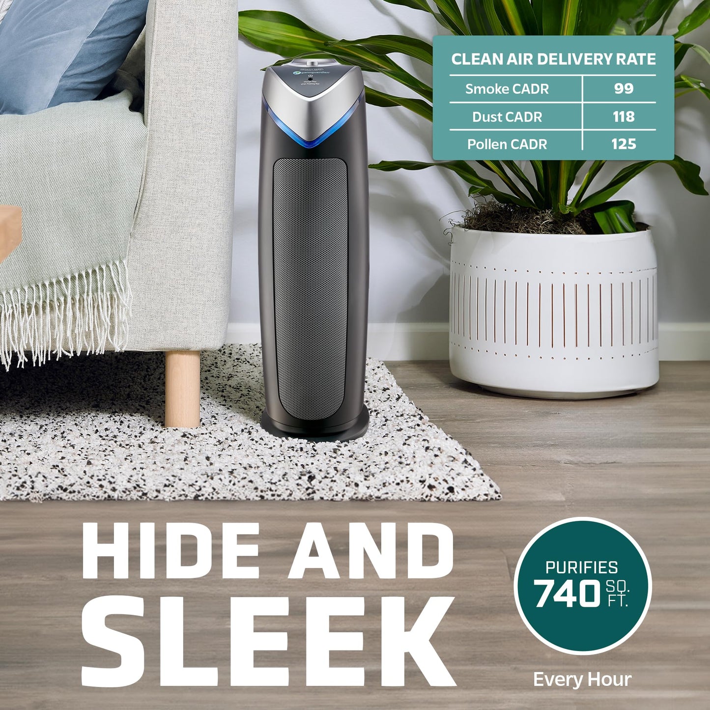 GermGuardian Air Purifier with HEPA 13 Filter, Removes 99.97% of Pollutants, Covers Large Room up to 743 Sq. Foot Room in 1 Hr, UV-C Light Helps Reduce Germs, Zero Ozone Verified, 22", Gray, AC4825E