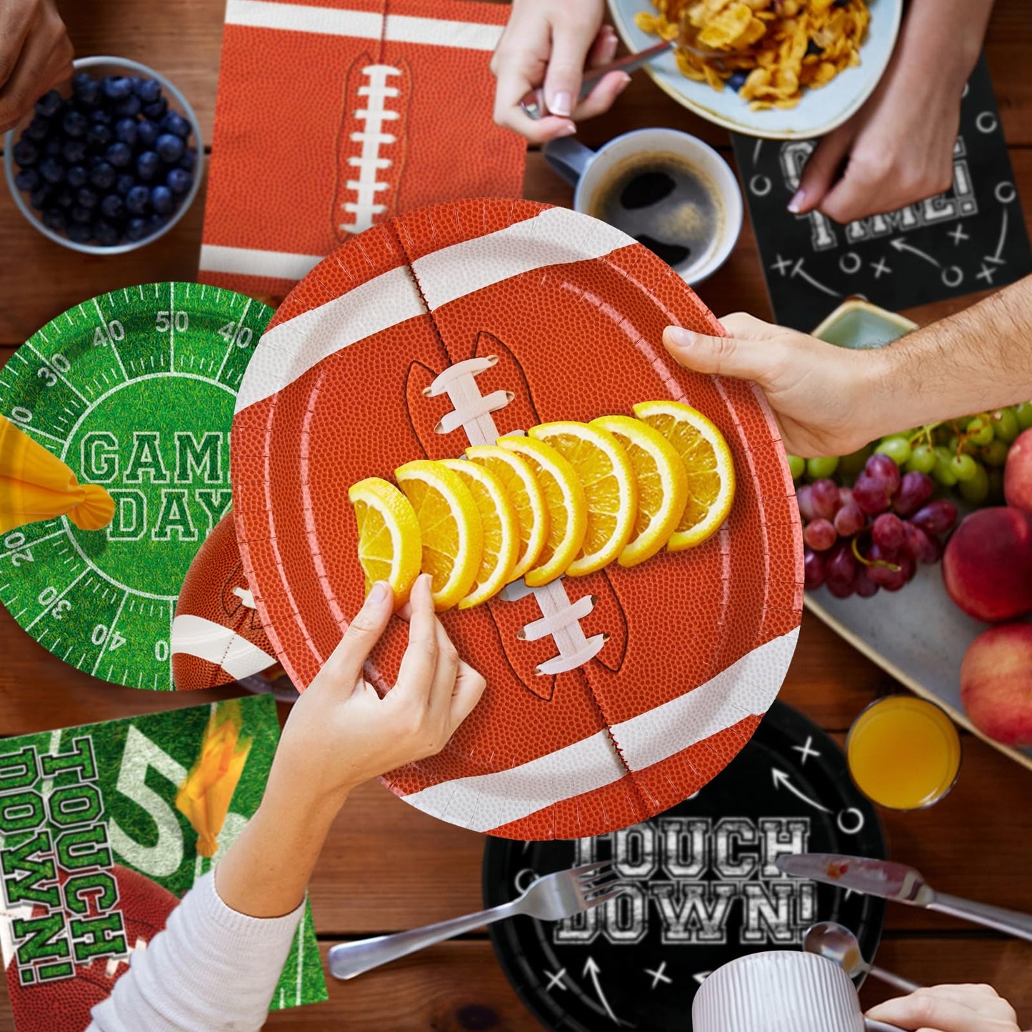 Football Party Supplies Kit for 24 Guests - Includes Large 12.5in Plates, Dessert Plates, Napkins, Cups, Banner and Touchdown Tablecloth - for Football Birthday and Tailgate Party Decorations