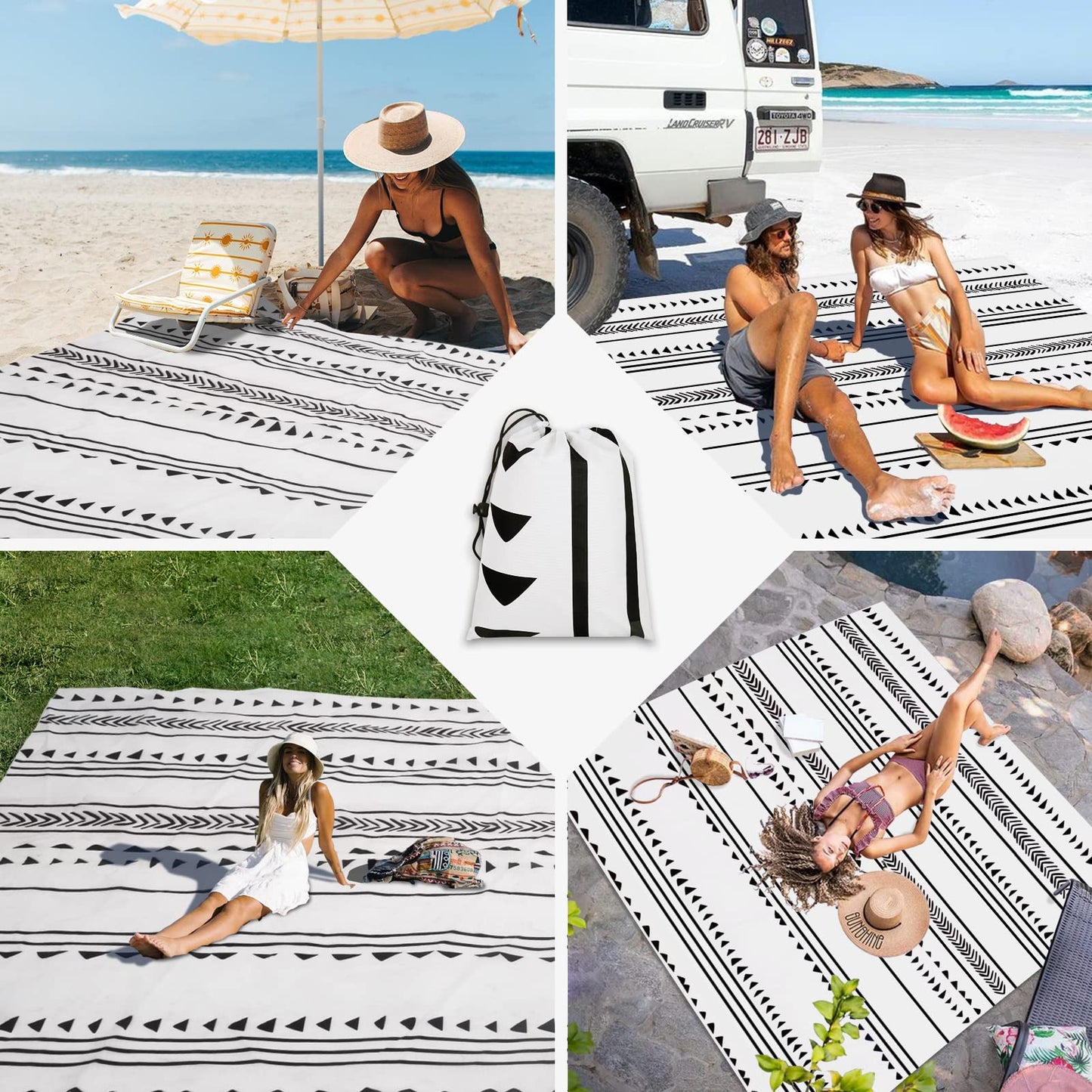 110''×118'' Extra Large Waterproof Sandproof Beach Blanket for 8 Adults, Outdoor Beach Mat with 4 Stakes & 4 Corner Pockets, Polyester Lightweight Foldable Picnic Mat for Travel, Camping, Hiking