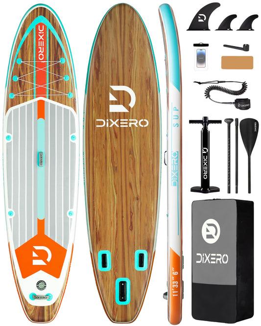 Dixero Inflatable Stand Up Paddle Board 11'*33", Extra Wide Paddle Boards for Adults, SUP with Premium Accessories, Adjustable Paddle, Hand Pump, Bottom Fin, Leash Waterproof Phone Bag