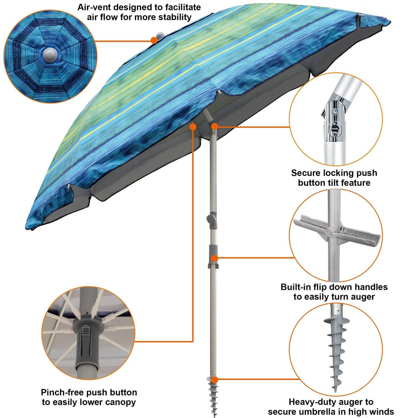 Blissun 7.2' Portable Beach Umbrella with Sand Anchor, Tilt Pole, Carry Bag, Air Vent, Green