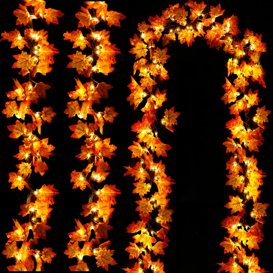 [ Timer & 3 Pack ] 30Ft Fall Garland Halloween Thanksgiving Fall Decorations for Home 60 LED Leafed Lights Patented Realistic Maples Leafed Battery Operated Autumn Fall Halloween Decor Indoor Outdoor